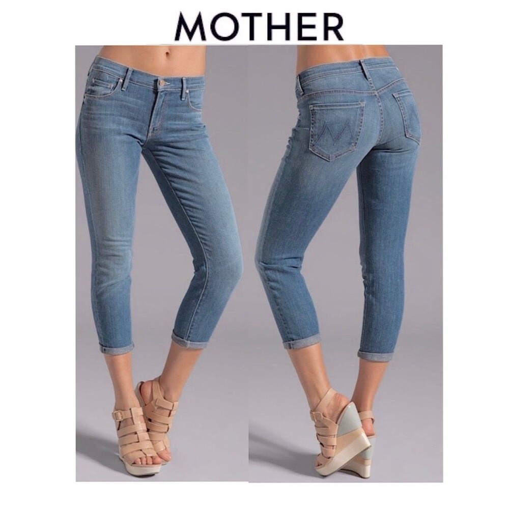 MOTHER Jeans 26 Skinny Not Skinny Crop Ankle Roll Up Jeans Blue Skies Tomorrow